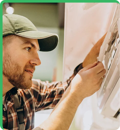 worker hanging an performing cleaning on windows of a tall building